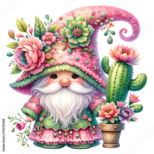 Cactus Gnome Illustration with Pink and Green Hat