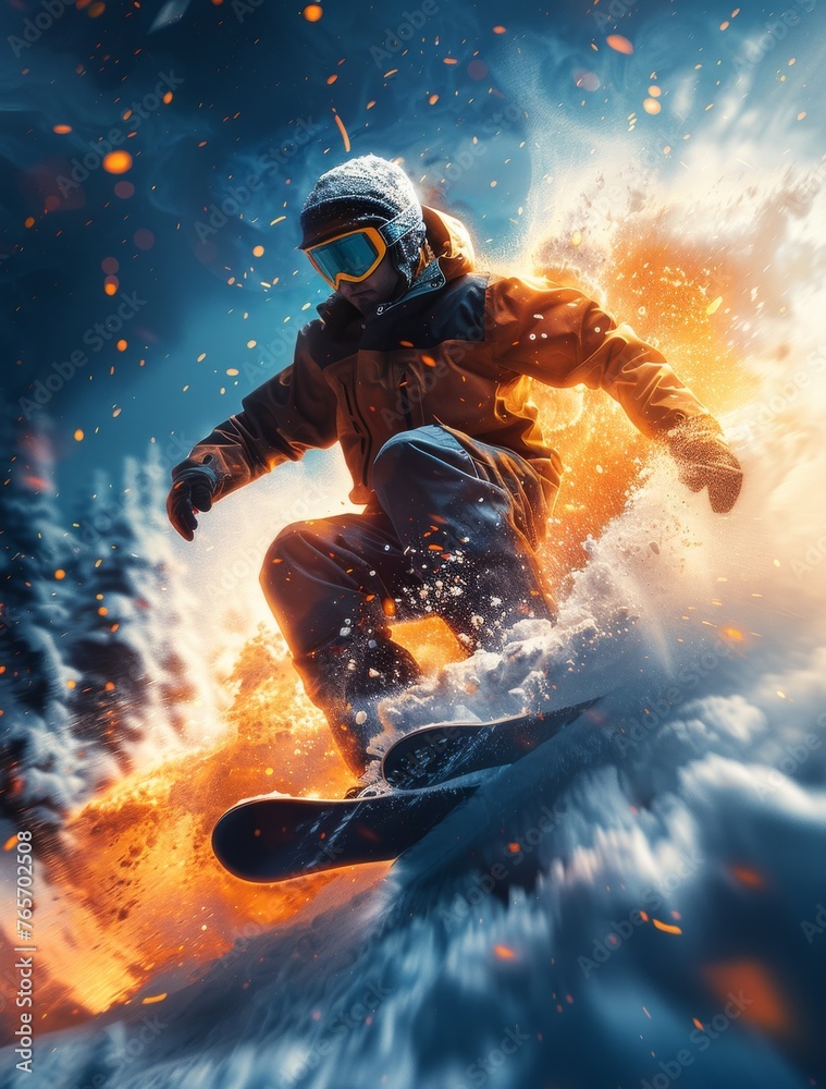 Obraz premium A man is snowboarding down a mountain