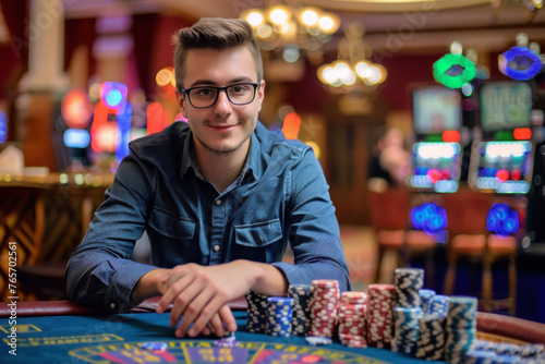 Confident Young Man Playing Poker at Casino with Pile of Chips
