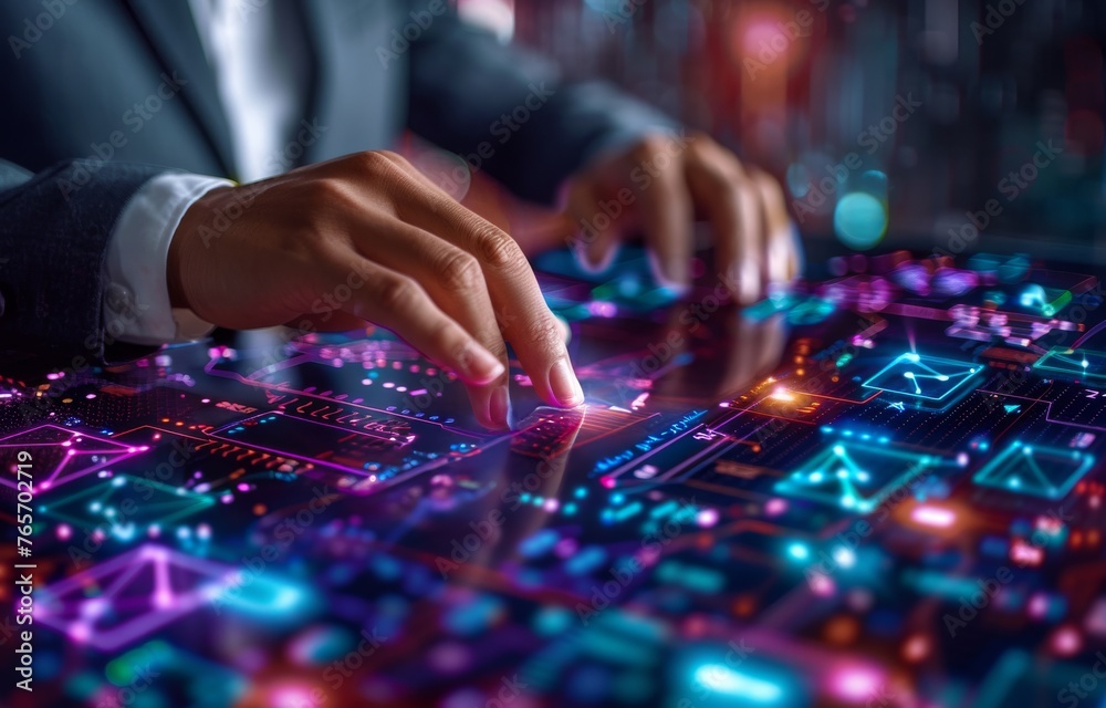 A man is typing on a computer screen with a glowing, colorful background