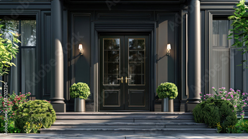 Main door to the luxury house with spring decoration, beautiful elegant entrance to the house, modern and elegant door, Spring time, Mockup	