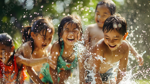 A group of children playing in a sprinkler, with details of the children's laughter, the water droplets, and the colorful background.