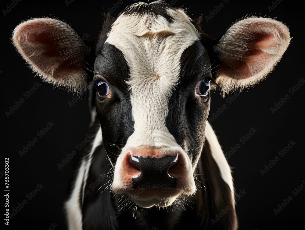 A close up of a cow's face with a blue eye