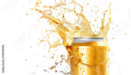 beer metal golden can with beer splash isolated on white background
