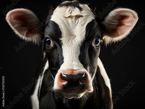 A close up of a cow's face with a blue eye