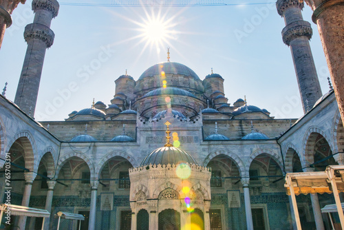 ISTANBUL, TURKEY - MARCH 23, 2024: Courtyard of the New Mosque known also as Yeni Cami in Istanbul, Turkey photo