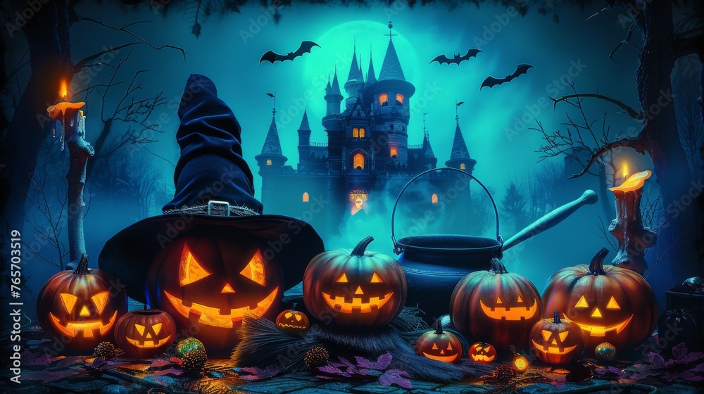 A Halloween scene with a witch's hat, a pumpkin, and a broom A Halloween scene with a witch's hat, a pumpkin, and a broom