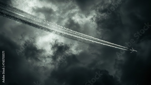 Plane Flying Through Cloudy Sky With Smoke Trail