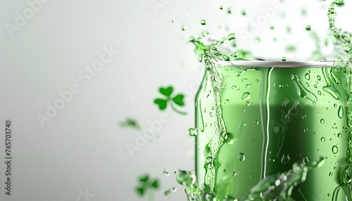 beer metal green can with beer splash and clover leaves isolated on white background