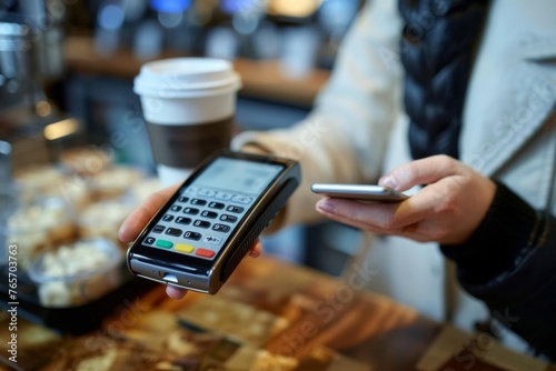 A woman is using a credit card reader to pay for a coffee photo