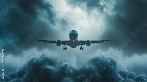 Airplane flying in the dark cloudy sky