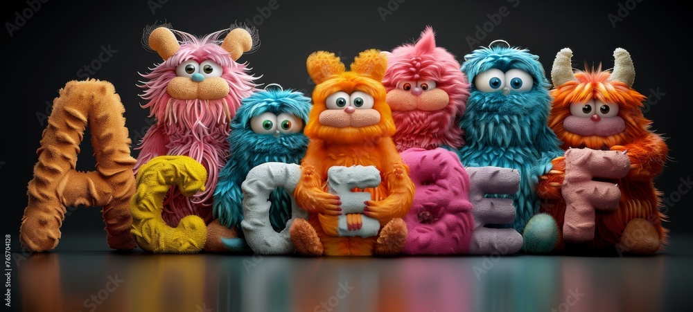 A group of colorful stuffed animals are holding letters of the alphabet