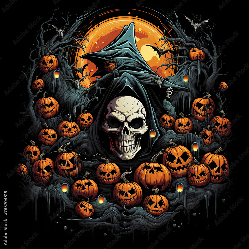 cool halloween design, manga style, bats, pumpkins, skeletons, zombies, black background creative with Generative AI cool halloween design, manga style, bats, pumpkins, skeletons, zombies, black background creative with Generative AI