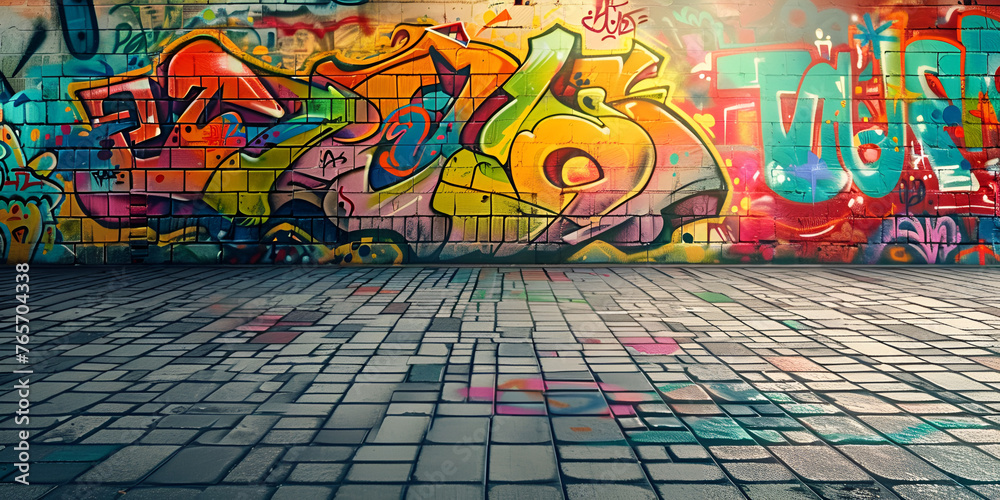 Fototapeta premium Colorful mural graffiti wallpaper with yellow background