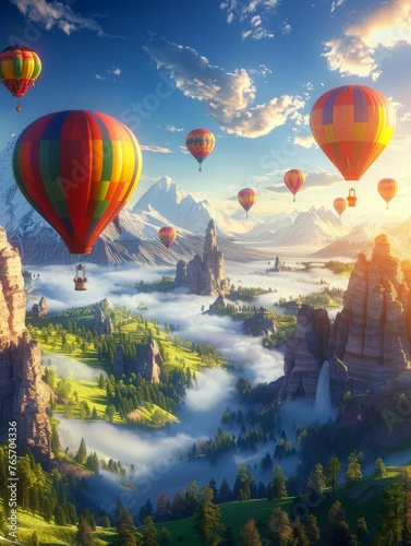 A colorful hot air balloon ride over a mountain range