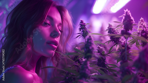 Cannabis grower a beautiful sexy woman makes herbal in the room shop with light purple LED grow light