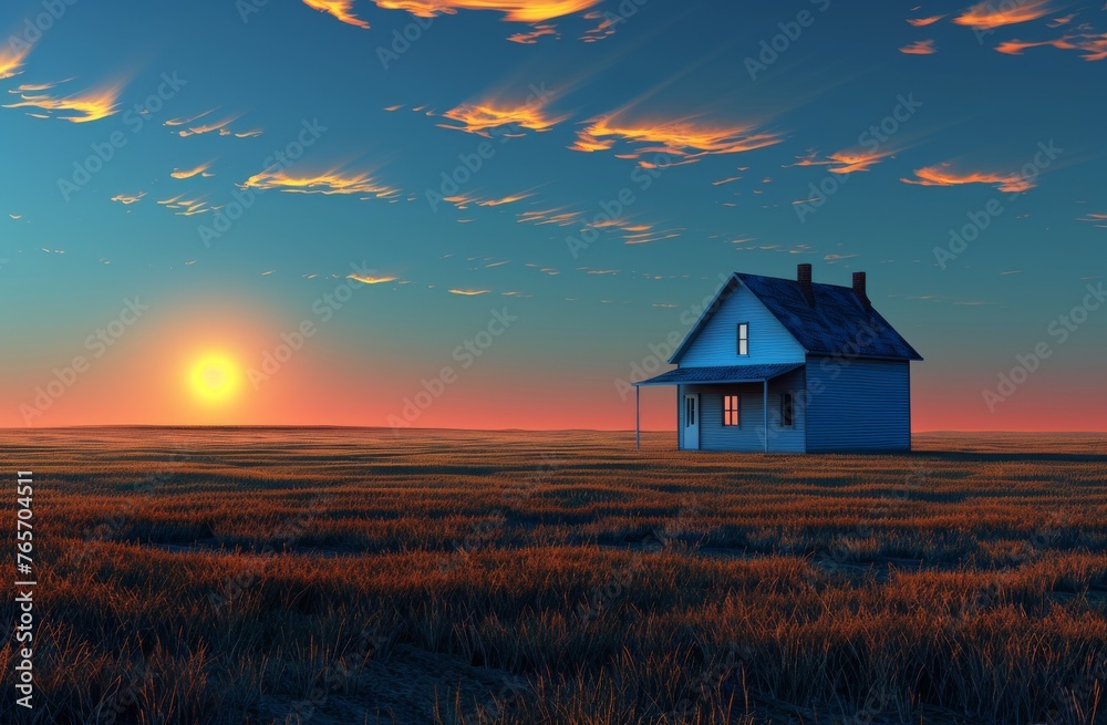 A small, old house sits in a field with a beautiful sunset in the background
