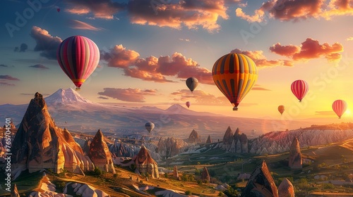 A colorful hot air balloon ride over a mountain range