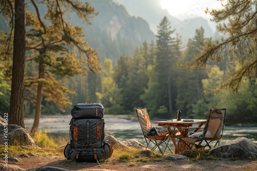 In the morning, riverside tent camping in the forest with a carry-on bag and portable chairs with a table photo