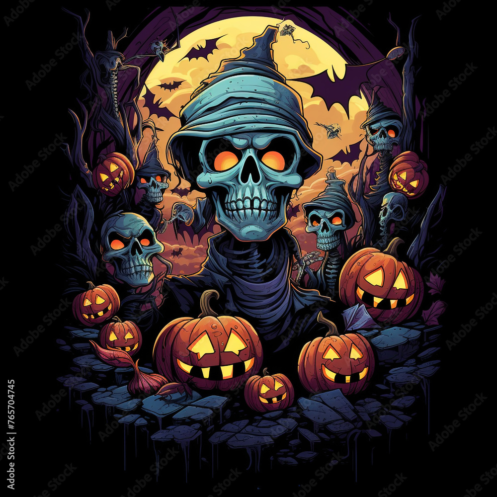cool halloween design, manga style, bats, pumpkins, skeletons, zombies, black background creative with Generative AI