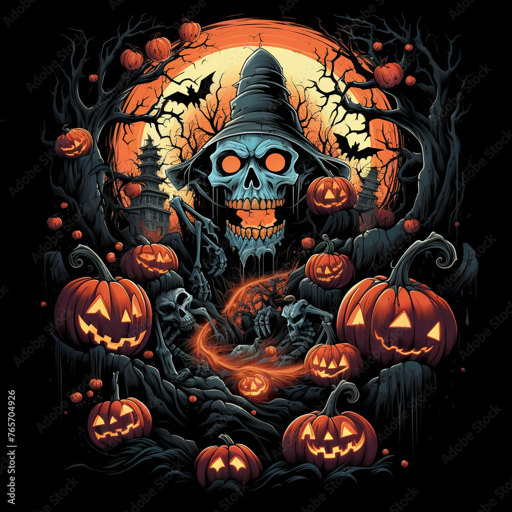Fototapeta premium cool halloween design, manga style, bats, pumpkins, skeletons, zombies, black background creative with Generative AI
