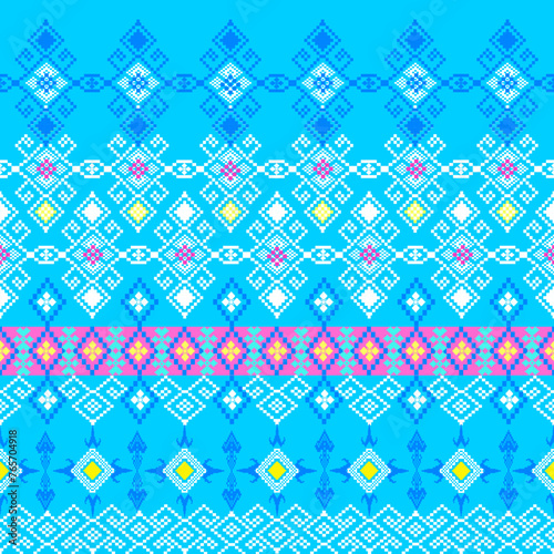 Traditional Thai cloth pattern clothing Thai ethnic sarong Cross-stitch pattern in Pixel Seamless Vector format using geometric shapes arranged into various shapes such as flowers  stars