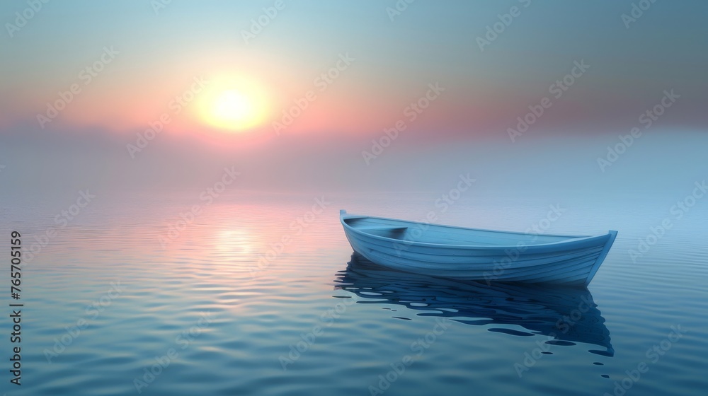 A small blue boat sits in the middle of a calm lake
