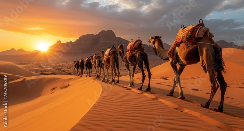 A group of camels are walking down a road in the desert