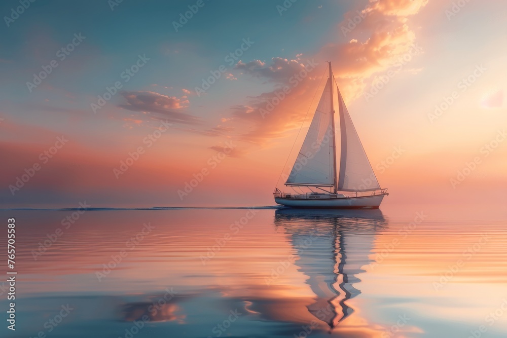 A sailboat is sailing on a calm sea at sunset