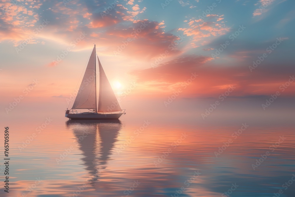 A sailboat is sailing on a calm sea at sunset