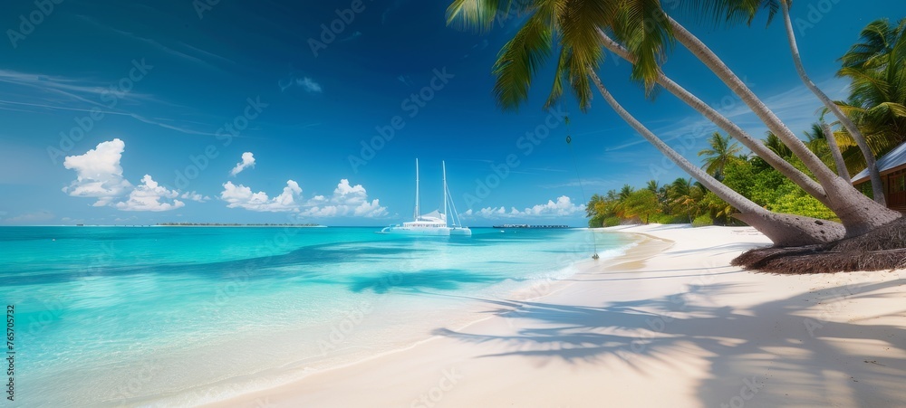 A beautiful beach with palm trees and a clear blue sky