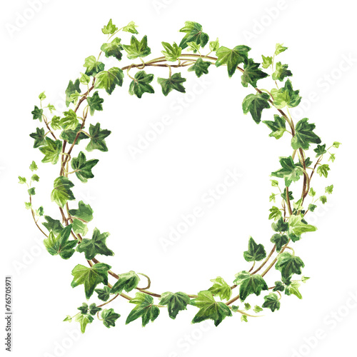 Ivy branch with leaves frame  wreath . Hand drawn watercolor illustration isolated on white background 