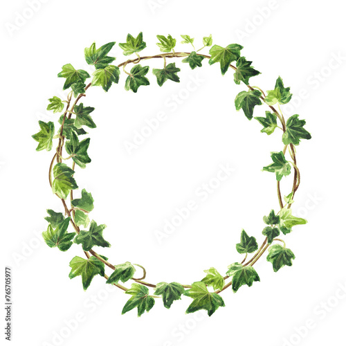 Ivy branch with leaves frame  wreath . Hand drawn watercolor illustration isolated on white background 