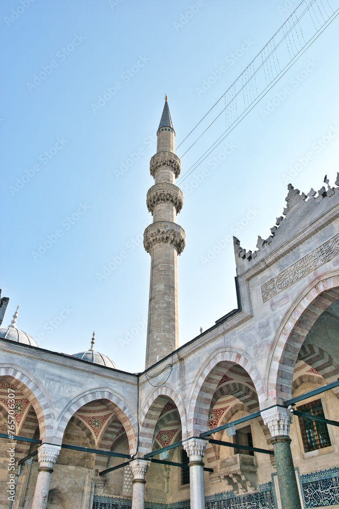 ISTANBUL, TURKEY - MARCH 23, 2024: Courtyard of the New Mosque known also as Yeni Cami in Istanbul, Turkey