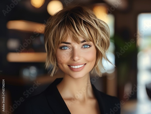 A woman with blonde hair and blue eyes is smiling for the camera