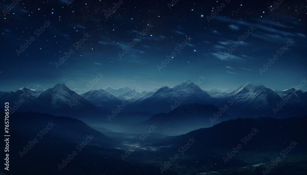 Night mountain landscape with stars in the sky. Milky way over the mountains. Night starry sky with mountain silhouettes. Beautiful landscape with mountains and night sky full of stars.