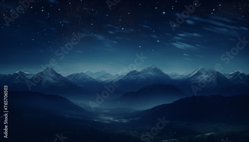 Night mountain landscape with stars in the sky. Milky way over the mountains. Night starry sky with mountain silhouettes. Beautiful landscape with mountains and night sky full of stars. © HecoPhoto