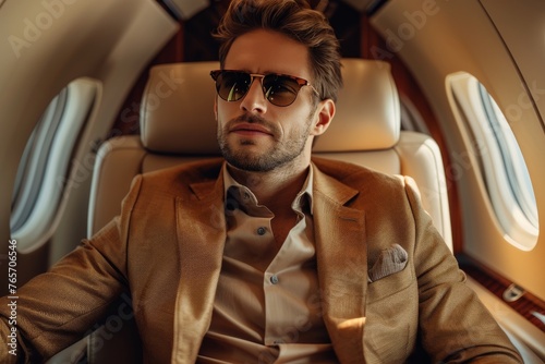 A man in a tan suit and sunglasses is sitting in a plane