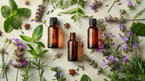 Three Bottles of Essential Oils Surrounded by Flowers