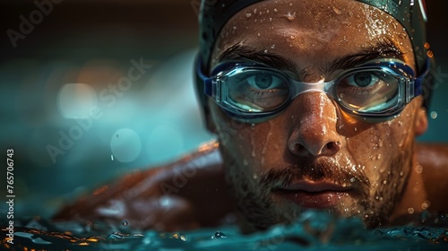 A man in a black swim cap and goggles is in the water © hakule