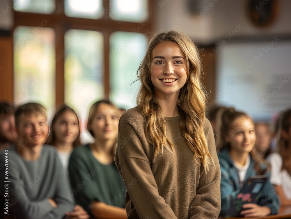 A girl wearing a hat stands in front of a crowd of people A girl wearing a hat stands in front of a crowd of people