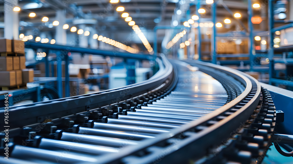 Obraz premium Cardboard boxes on a conveyor belt inside a modern logistics warehouse, supply chain background