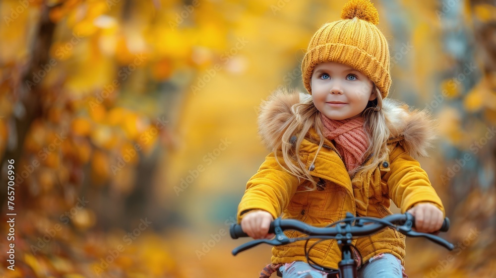 Fototapeta premium Little Girl Riding Bike in Fall