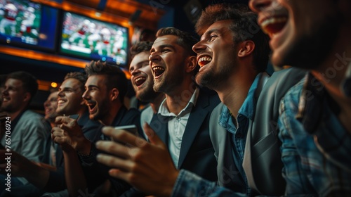 A group of men are laughing and one of them is holding a cell phone