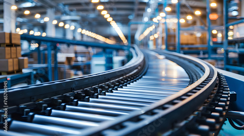 Cardboard boxes on a conveyor belt inside a modern logistics warehouse, supply chain background photo