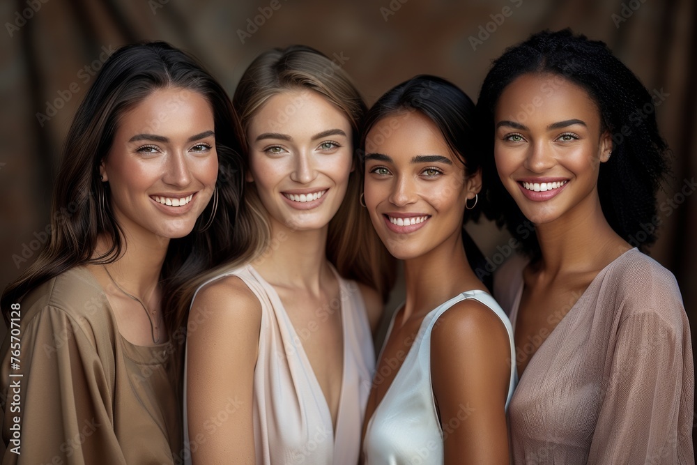 Four women are smiling for the camera, with one of them wearing a white tank top Four women are smiling for the camera, with one of them wearing a white tank top
