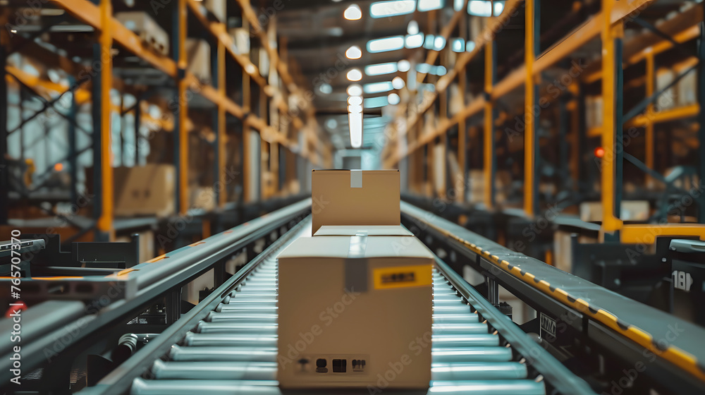 Cardboard boxes on a conveyor belt inside a modern logistics warehouse, supply chain background Cardboard boxes on a conveyor belt inside a modern logistics warehouse, supply chain background