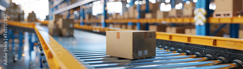Cardboard boxes on a conveyor belt inside a modern logistics warehouse, supply chain background photo