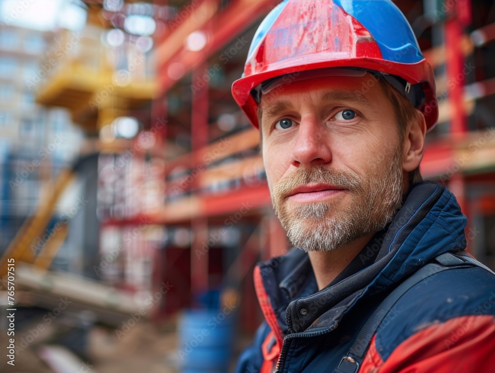 A man wearing a hard hat and safety glasses is standing in front of a building A man wearing a hard hat and safety glasses is standing in front of a building