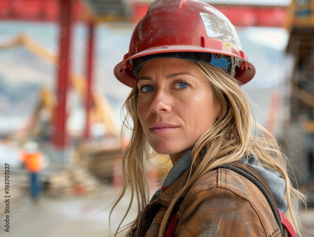 A woman wearing a hard hat and a brown jacket A woman wearing a hard hat and a brown jacket